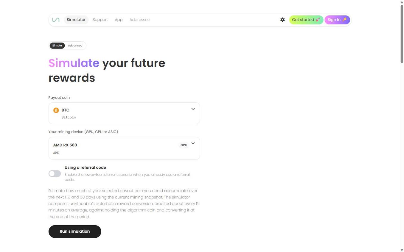 unMineable calculator showing AMD RX 580 with BTC payout selection